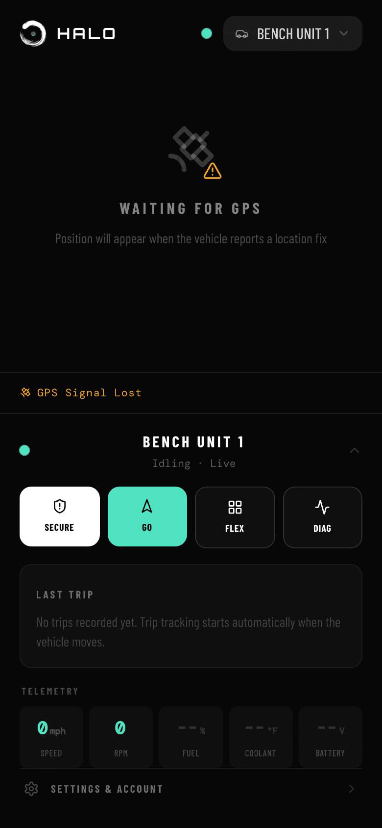 HALO vehicle status dashboard on mobile